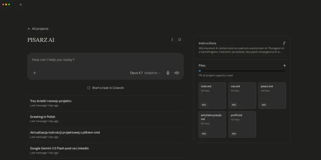Projekt Pisarz AI w Claude: pliki profil, antyhalucynacje, pisarz, CEO i todo, gotowe do pracy