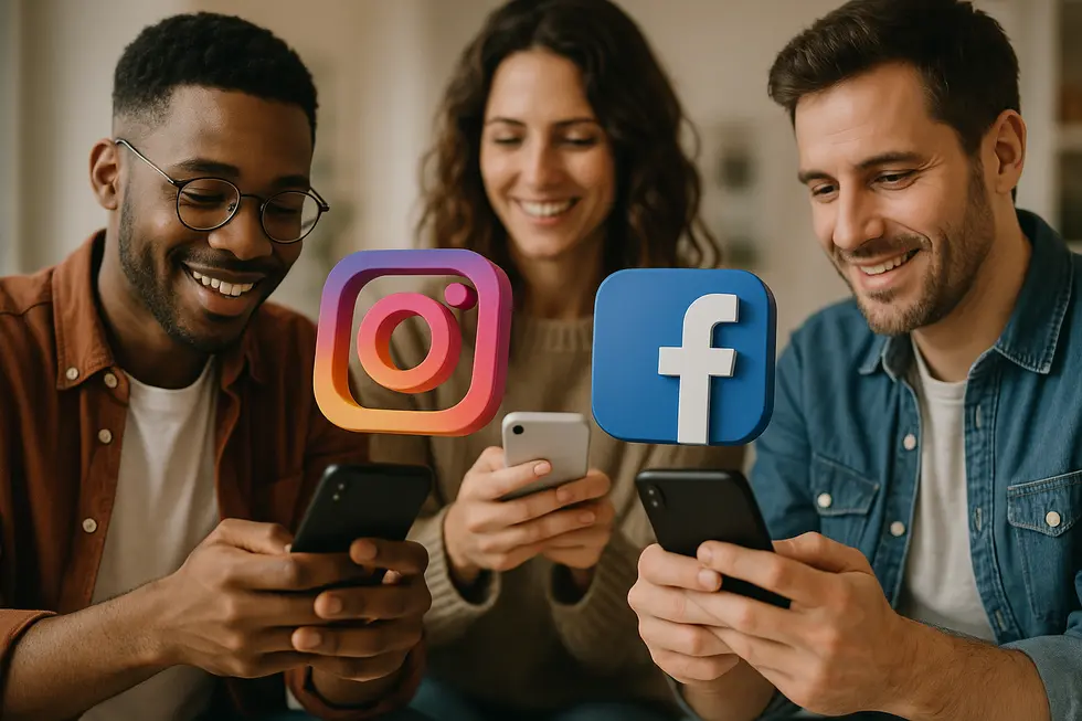 Obrazek ilustrujący kampanię reklamową na Facebooku i Instagramie, z użytkownikami korzystającymi z różnych urządzeń.