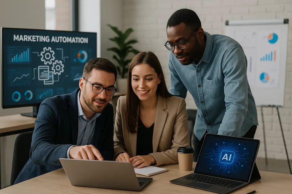 Nowoczesne biuro marketingowe z zespołem zajmującym się strategiami marketing automation.