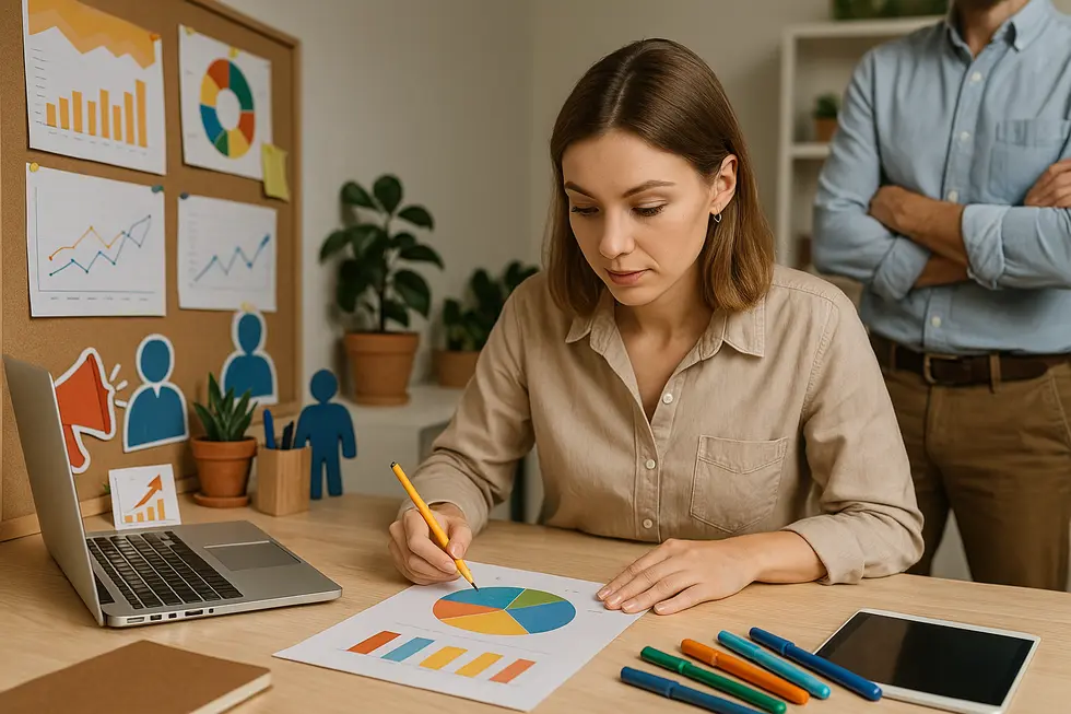 Złożona grafika ilustrująca wizje marketingu DIY oraz współpracy z ekspertami w małych firmach.