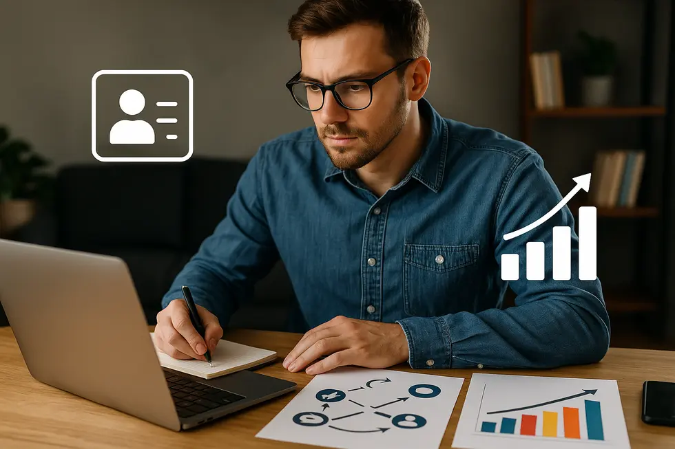 Profesjonalny marketer pracujący nad strategiami marketingu w mediach społecznościowych i SEO.