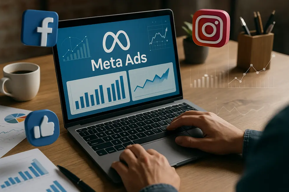 A person creating Meta Ads campaigns on a laptop in a vibrant digital workspace filled with social media icons and analytical charts.