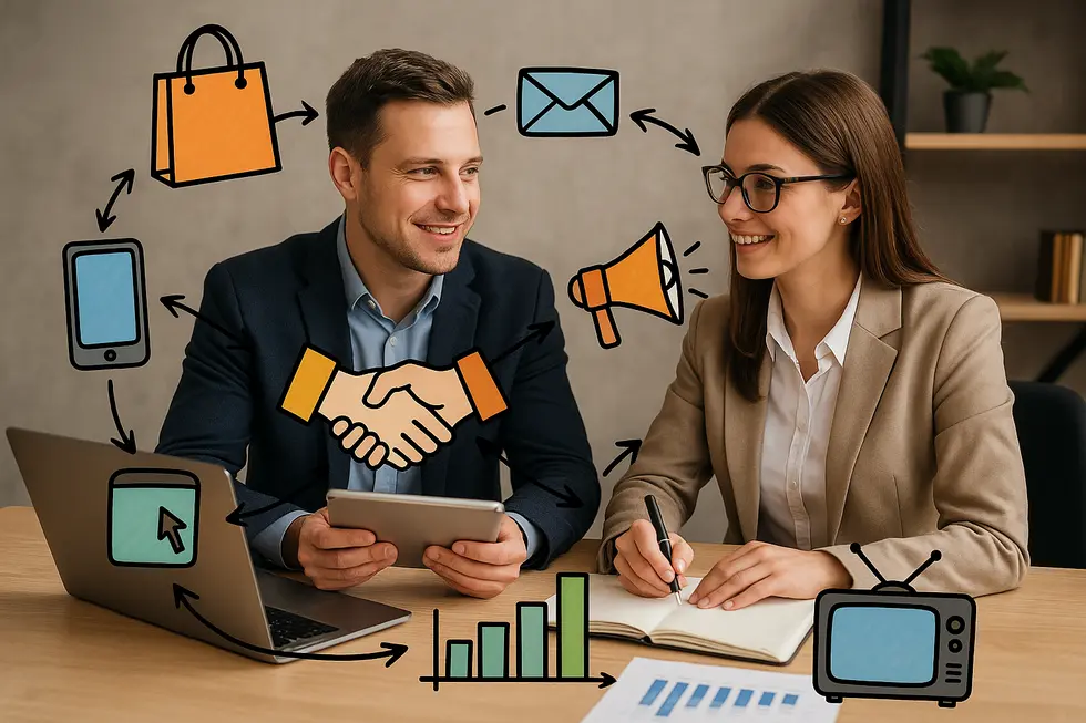 A visual representation of the integration of online and offline marketing strategies.