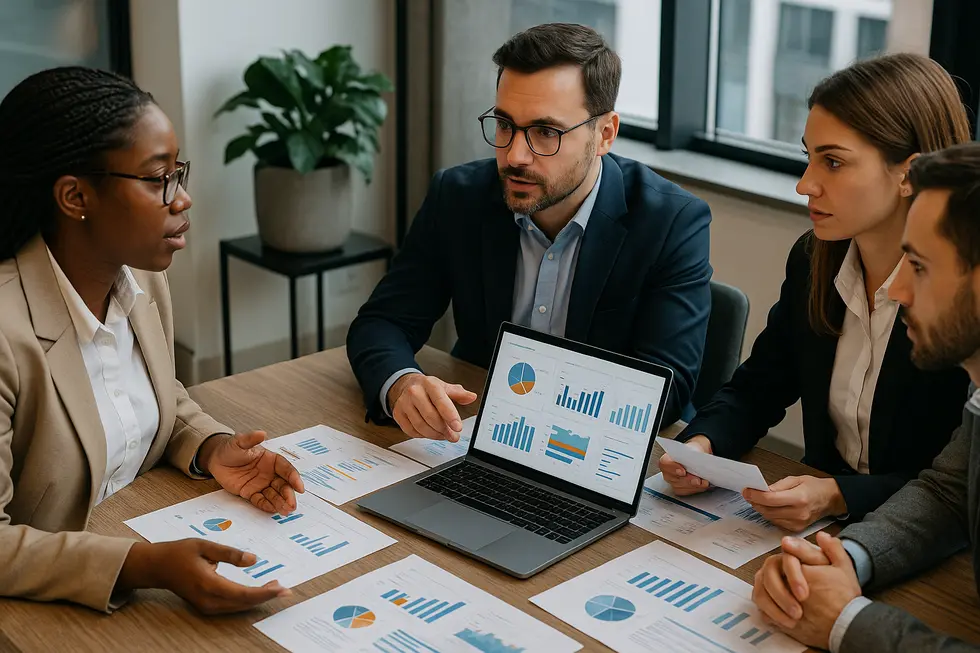 A diverse group of business professionals discussing marketing strategy with data analysis around them.