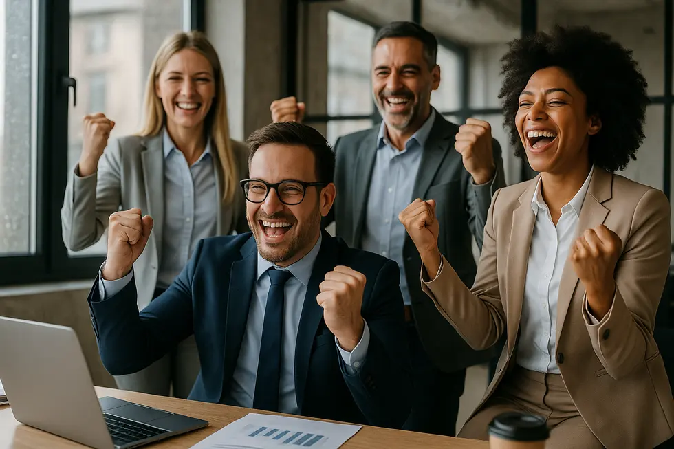 Corporate team celebrating a successful marketing strategy.