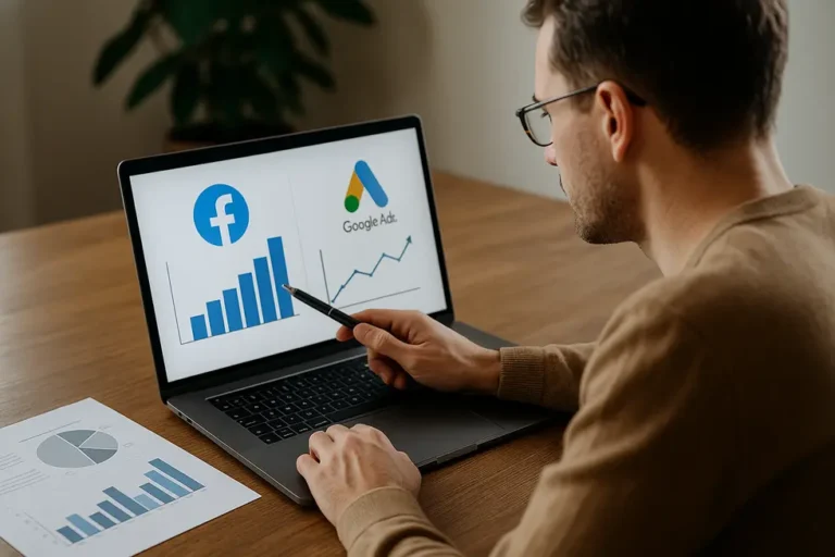 A business owner analyzing Facebook Ads and Google Ads strategies on a laptop.