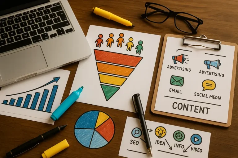 Obrazek ilustrujący różnorodne strategie content marketingowe i narzędzia marketingowe.