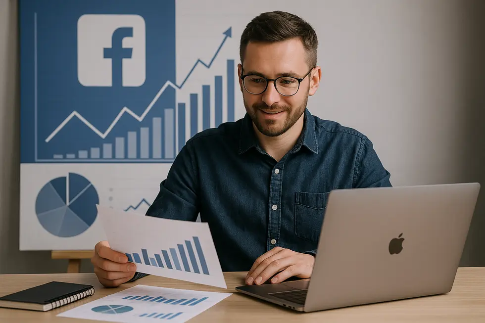 Obrazek przedstawiający właściciela firmy badającego skuteczność kampanii reklamowej na Facebooku.