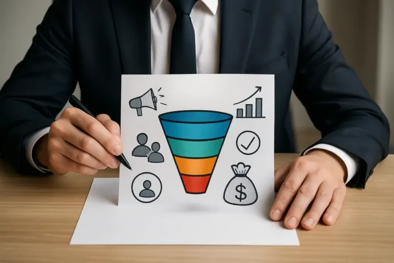 Ilustracja przedstawiająca lejek sprzedażowy z oznaczonymi etapami i symbolami sukcesu w sprzedaży.