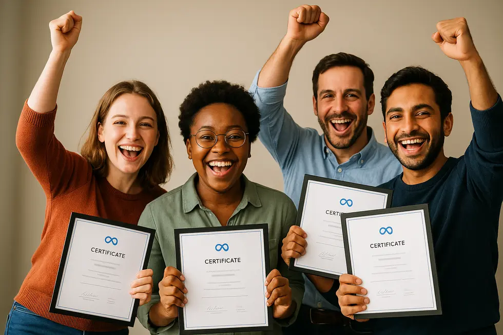 Ludzie z certyfikatami Meta Blueprint, świętujący swoje osiągnięcia.