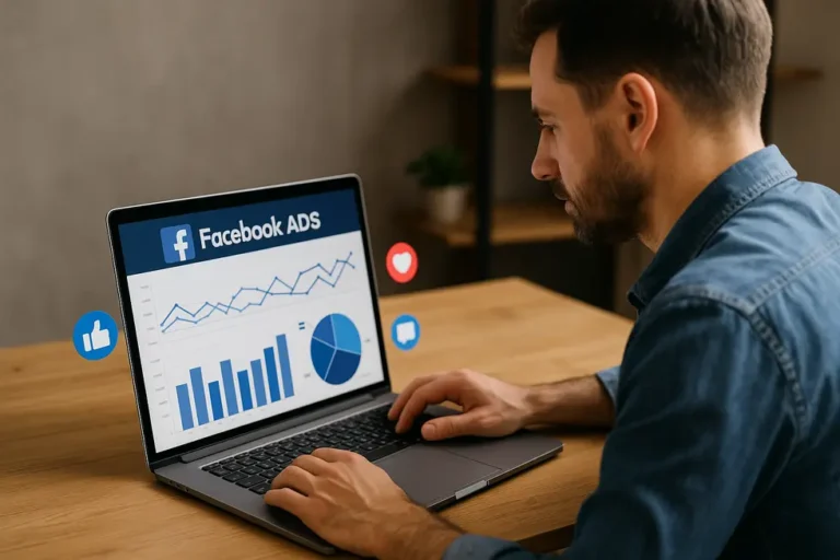 A small business owner reviewing Facebook Ads performance on a laptop with visual data representations.