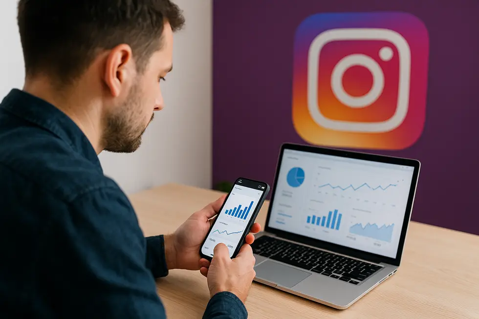 Osoba analizująca strategię użycia hashtagów na Instagramie przy komputerze.