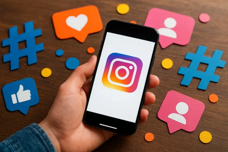 An illustration of Instagram advertising strategies using colorful social media elements.
