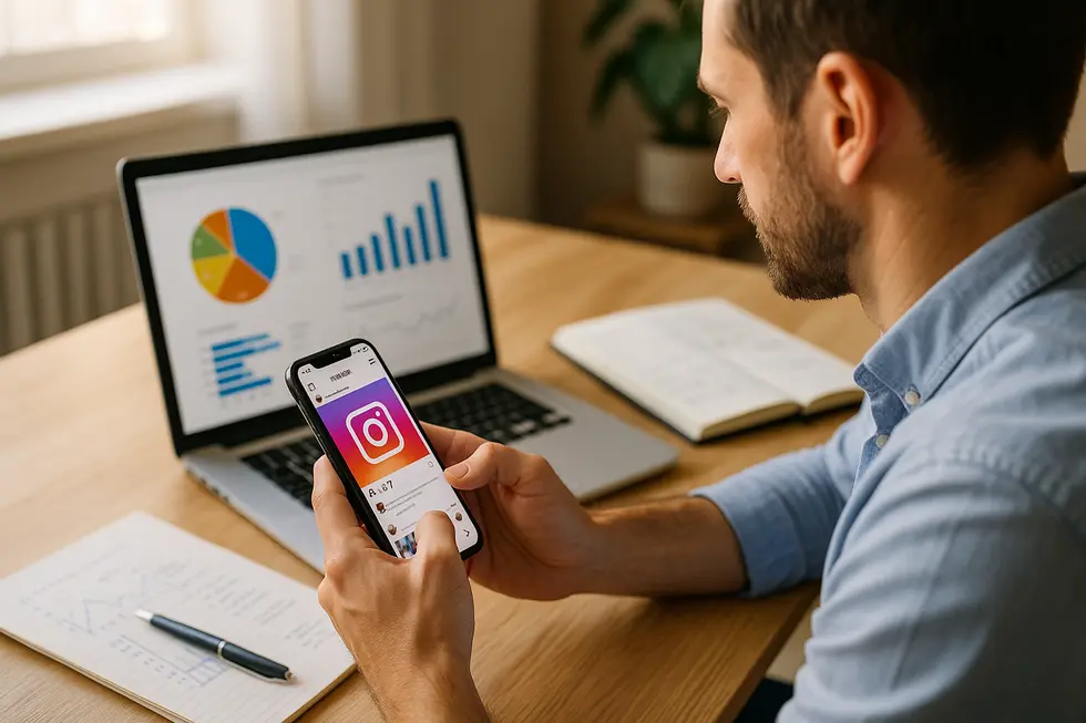 Osoba korzystająca z Instagramu na smartfonie, z laptopem i notatkami obok.
