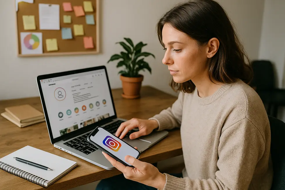 Profesjonalna fotografia osoby pracującej przy laptopie nad profilem Instagram dla biznesu.