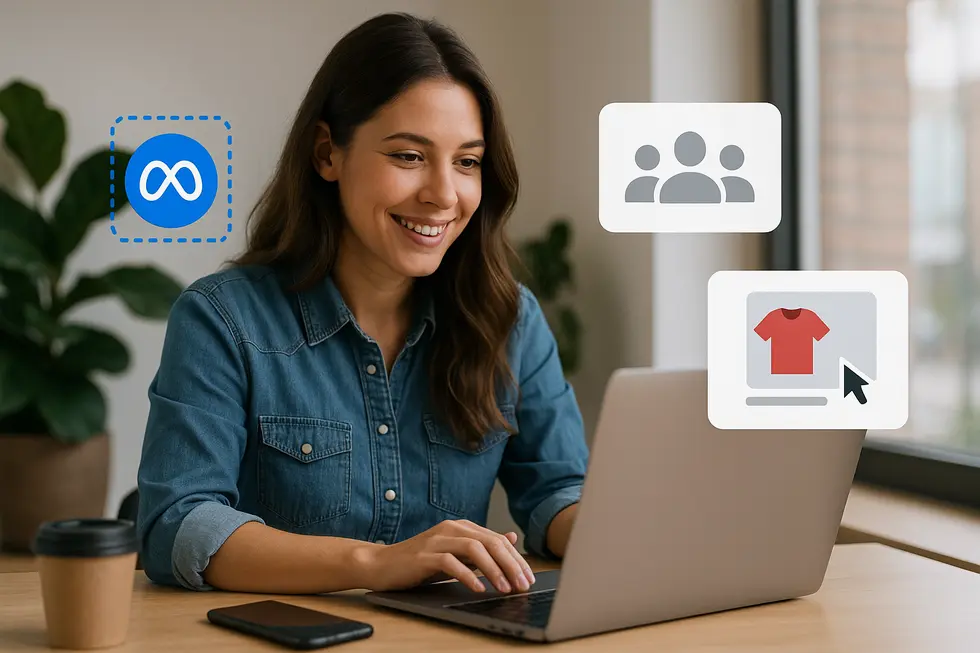 Obrazek zawierający różne elementy remarketingu na platformie Meta, przedstawiający możliwości Meta Pixel, Custom Audiences i Dynamic Ads.
