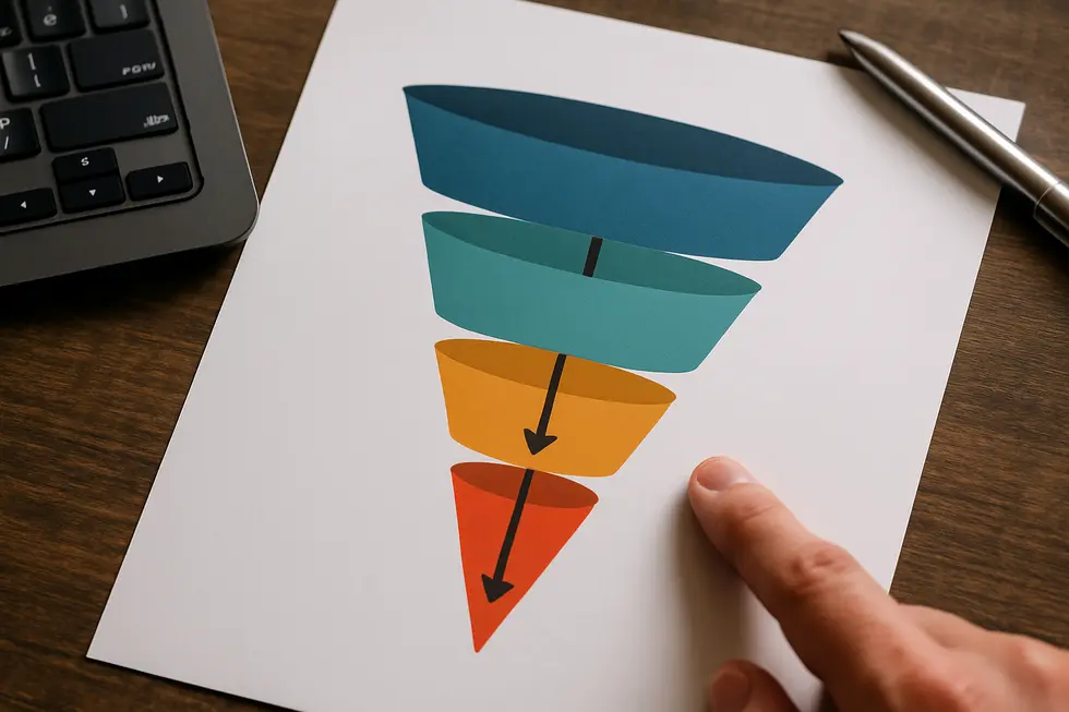 Wizualizacja przedstawiająca etapy lejka sprzedażowego, ukazująca efektywny proces prowadzący klienta do zakupu.