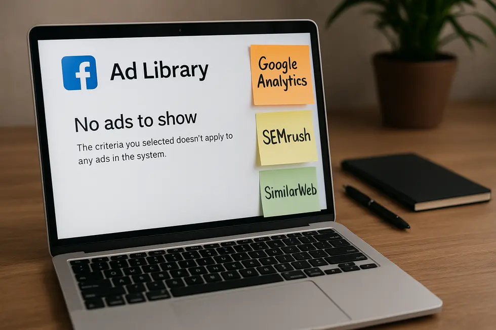 Interfejs Facebook Ad Library z widokiem na różne aktywne reklamy.