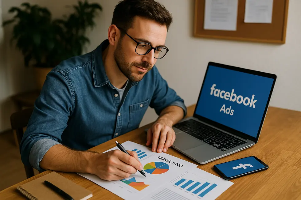 Osoba pracująca nad reklama lokalna na Facebooku, wydobywająca nowe pomysły na marketing.