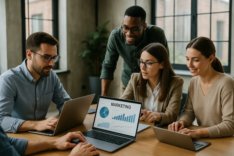 Group of people working on a marketing campaign in a modern office environment.