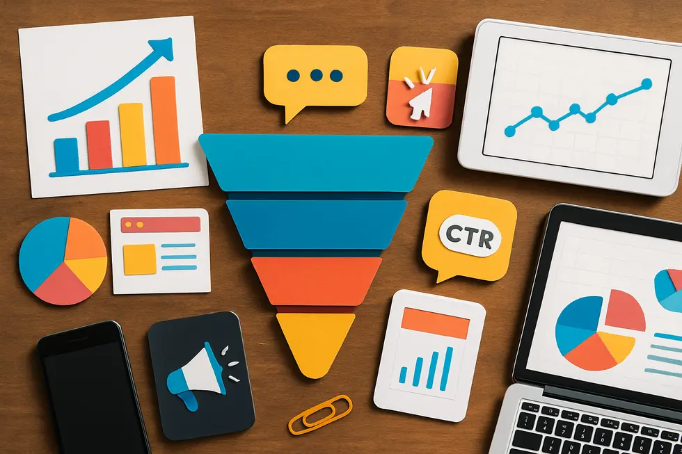 A vibrant collage showcasing various digital marketing and sales tools related to building effective sales funnels.