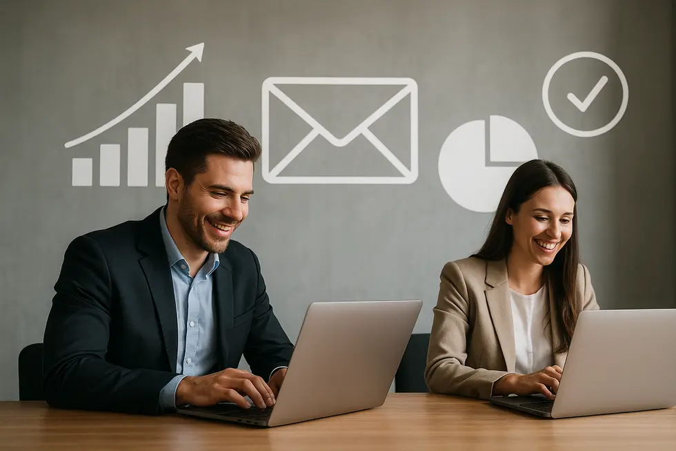 Zespół uśmiechniętych przedsiębiorców piszących maile i analizujących dane marketingowe.