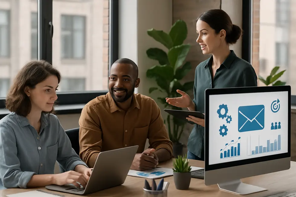 A modern office environment demonstrating teamwork and digital marketing practices.